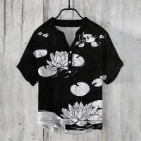 ราคา เสื้อยืดแขนสั้นสไตล์ญี่ปุ่นสำหรับฤดูร้อน พิมพ์ลายวินเทจ แบบสวมปุ่ม คอวี ใส่สบาย (29943137553)