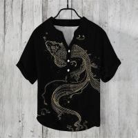 ราคา Henley V neck สไตล์ญี่ปุ่น สำหรับผู้ชาย พิมพ์ลายวินเทจ แขนสั้น สวมใส่สบาย เสื้อยืดฤดูร้อน (44174929556)