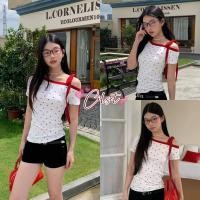 ราคา Cilset พร้อมส่ง เสื้อแขนสั้นเปิดไหล่ ขาวแดง คาวาอี้ๆ ลายจุดหัวใจคาวาอี้มาก FY260 (51201594211)