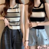 ราคา Cilset พร้อมส่ง เสื้อกล้ามครอปไหมพรม คอกลม ดีเทลลายทาง ยืดพอดีตัว สไตล์เกาหลี วินเทจ Y6611 (42852425582)
