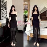 ราคา Cilset พร้อมส่ง ชุดเดรสเปิดไหล่ กระโปรงยาว มินิมอล สีดำเรียบหรูดูแพงมากแม่ FY2941 (41917093802)