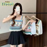 ราคา Cilset พร้อมส่ง ผู้หญิงเ เสื้อถักไหมพรมแขนสั้น วินเทจ สีพาสเทลผ้าชีฟอง ใส่สบาย 72026 C (24087308409)