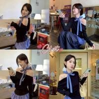 ราคา Cilset พร้อมส่ง เสื้อแขนยาวเปิดไหล่ มินิมอล ดีเทลแต่งลายสก็อตสีน้ำเงิน สไตล์เกาหลี FY1520 (42822521986)