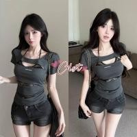 ราคา Cilset พร้อมส่ง เสื้อครอปแขนสั้น คาวาอี้ คอกลม สีเทาสไตล์เกาหลี FY525 (42523914688)