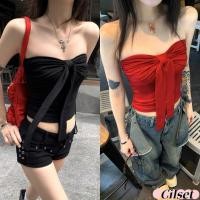ราคา Cilset พร้อมส่ง เสื้อเกาะอกไหมพรม สีแดงดำ สไตล์เรียบง่าย เว้าหลัง ใส่สบายทรงรัดรูป Y9348 (42204005825)