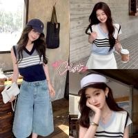 ราคา Cilset พร้อมส่ง เสื้อกั๊กไหมพรม แขนกุด คาวาอี้ คอวี ลายทางสีพาสเทล Z ZZ11 (41618318967)