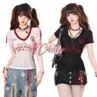 ราคา Cilset พร้อมส่ง เสื้อคอวีเกาหลี แขนสั้น ดีเทลลายเท่ซีทรูบางเบาลายลูกไม้ สตรีท แฟชั่น เข้ารูป FY4776 (40361611239)