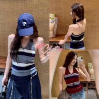 ราคา Cilset พร้อมส่ง เสื้อคล้องคอ เว้าหลัง ผ้าไหมพรม คาวาอี้ลายทางยืดพอดีตัว 25149 (29841346819)