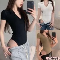 ราคา ่่Cilset พร้อมส่ง เสื้อบอดี้สูท เสื้อไหมพรม ดีเทลหน้าวีแต่งคอปก แขนสั้น ผ้านิ่มใส่สบาย สไตล์เกาหลี DX 9732 H (27466315594)