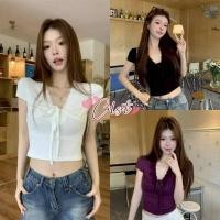 ราคา Cilset พร้อมส่ง เสื้อครอปแขนสั้น คอวี น่ารักๆ ดีเทลแต่งลูกไม้สีพื้นสไตล์สายฝอ FY7814 (27141692355)