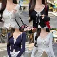 ราคา Cilset พร้อมส่ง เสื้อแขนยาว คอวี น่ารักๆ ดีเทลแต่งลายลูกไม้ผูกด้านหน้าสีพื้น FYA120 (26893557973)