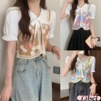 ราคา Cilset พร้อมส่ง ผู้หญิงเ เสื้อแขนสั้นไหมพรม ปักลายดอก ดีเทลผูกโบว์ตรงคอ แขนผ้าชีฟอง กไหมพรมลายดอกไม้ 72028 C (26614070621)