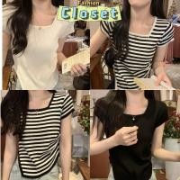 ราคา Closet เสื้อผ้าผู้หญิง เสื้อยืดไหมพรมครอปแขนสั้น คอเหลี่ยม น่ารักที่สุด ดีเทลสีพื้นลายทางขาวดำ 82038 (25982981671)