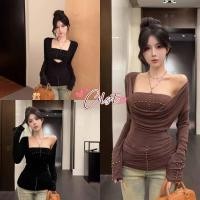 ราคา Cilset พร้อมส่ง เสื้อแขนยาว เกาะอก สีดำน้ำตาล สไตล์เกาหลีน่ารัก FY5040 (56351536946)