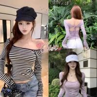 ราคา Cilset พร้อมส่ง เสื้อแขนยาวลายทางเปิดไหล่มินิมอล เว้าหลังสไตล์เกาหลีมากแม่ FY7812 (41374037164)