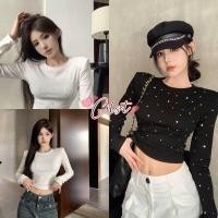 ราคา Cilset พร้อมส่ง เสื้อครอปแขนสั้น คาวาอี้ แต่งเพชร สีพื้นขาวดำ ใส่ได้ทุกวัน FY5003 (45600666137)