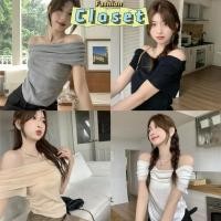 ราคา Closet เสื้อผ้าผู้หญิง 67CX37 เสื้อเปิดไหล่ไหมพรม แชนสั้น ผ้าร่องเบาบางใส่สบาย (26200829807)