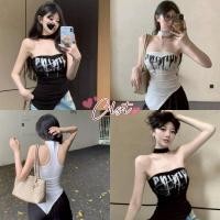 ราคา Cilset พร้อมส่ง เสื้อเกาะอกคล้องคอ เท่ๆ คาวาอี้ สกีนลายตัวอักษร สีพื้นขาวดำ มีฟองน้ำ FY5583 (42822387320)