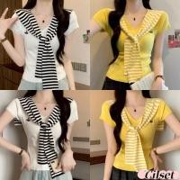 ราคา Cilset พร้อมส่ง เสื้อยืดครอป แขนสั้น แฟชั่น เข้ารูป ผ้าไหมพรม แถมผ้าผูกไหล่ลายทาง สไตล์เรียบง่าย ลำลอง 1CX98 (40955000864)