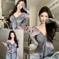 ราคา Cilset พร้อมส่ง เสื้อแขนยาว คอวี น่ารัก สไตล์สีมัดย้อมฟ้าน้ำเงิน FY5022 (56301546451)