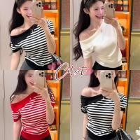 ราคา Cilset พร้อมส่ง เสื้อไหมพรมเปิดไหล่ แขนสั้นคาวาอี้ ดีเทลลายทางยืดพอดีตัว เรียบง่าย ลำลอง Y8620 (42015040945)