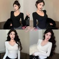 ราคา Cilset พร้อมส่ง เสื้อแขนยาว คอวี คาวาอี้ เสริมฟองน้ำ ดีเทลแต่งลูกไม้สีขาวดำ FY66045 (41876815736)