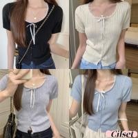ราคา Cilset พร้อมส่ง เสื้อยืดไหมพรม แขนสั้น เสื้อครอป คอกลม ดีเทลผ้าร่องแต่งโบว์ เรียบง่าย ใส่สบาย 95201 (26988463246)