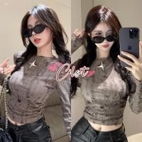 ราคา Cilset พร้อมส่ง เสื้อยืดครอปไหมพรมแขนยาว คอกลม ดีเทลขาดๆสีเทาแถมเข็มกัด 60172 (43659451881)