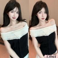 ราคา Cilset พร้อมส่ง ใหม่ 2025 เสื้อแขนสั้น เปิดไหล่ วินเทจ ผ้าไหมพรมสีพื้นสีดำ Z B77 (43253538009)