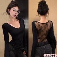 ราคา Cilset พร้อมส่ง เสื้อแขนยาว คอวี ดีเทลหลังซีทรูลูกไม้ ทรงรัดรูปพอดีตัว FYM5479 (41358500348)