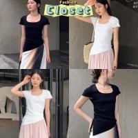 ราคา Closet เสื้อผ้าผู้หญิง เสื้อยืดไหมพรม คอเหลี่ยม ผ้านุ่มนิ่ม แขนสั่น ดีเทลลายรูดด้านข้าง YR042 (29955052921)