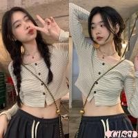 ราคา Cilset พร้อมส่ง เสื้อไหมพรมแขนยาว คอวีลายทางน่ารักเกาหลีมาก 68106 (29938680236)