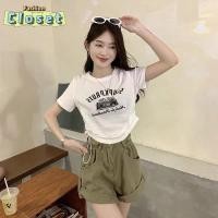 ราคา Cilset พร้อมส่ง ผู้หญิงเ เสื้อไหมพรมแขนสั้น คอกลม พิมพ์ลายตัวอักษร ทรงครอปสั้นดีเทลรูดข้าง 52176 C (29764809634)
