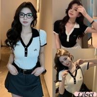 ราคา Cilset พร้อมส่ง เสื้อครอป คอวี ไหมพรม แขนสั้น คอกลม สีขาวดำ เสื้อแฟชั่น W J069 (28934448186)