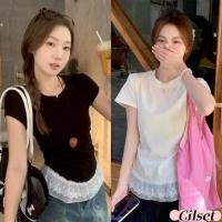 ราคา Cilset พร้อมส่ง เสื้อครอป คอกลม แขนสั้น ผ้าไหมพรม แต่งขอบลูกไม้ ใส่สบาย 10157 (28533135689)