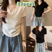 ราคา Closet เสื้อผ้าผู้หญิง 5A131 เสื้อยืดไหมพรม แขนสั้น คอวี น่ารักมาก เอวยนใส่สบายเกาหลีเบาๆ มินิมอล (28100093063)