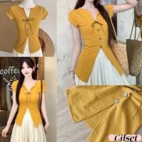 ราคา Cilset พร้อมส่ง เสื้อยืดแขนสั้น คอวีผ้าไหมพรม สีเหลืองสดใส เรียบๆ เรียบง่าย เข้ารูป ลำลอง U210 (27338206861)