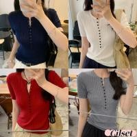 ราคา Cilset พร้อมส่ง ใหม่ เสื้อยืดไหมพรม คอกลม เสื้อแฟชั่น ผ้าร่อง กระดุมด้านหน้า เข้ารูป สีพื้น W B064 (27337767332)