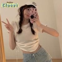 ราคา Cilset พร้อมในสต็อก ผู้หญิงเเสื้อไหมพรมแขนสั้น คอกลม ดีเทล ลายรูดปรับสั้นยาวได้2ข้าง 6A302 (27263656202)
