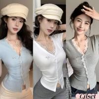 ราคา Cilset พร้อมส่ง เสื้อยืดคอวี แขนสั้น ผ้าไหมพรมแต่งขอบลูกไม้ สไตล์ลำลอง W Z059 (27036735569)
