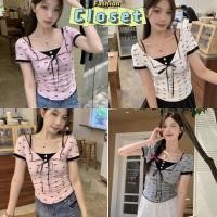 ราคา Closet เสื้อผ้าผู้หญิง เสื้อไหมพรมแขนสั้น คอวี ดีเทลลายโบว์ น่ารักสุดๆ ยืดกำลังดี สีพื้น E331 (26406071266)