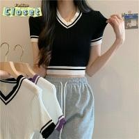 ราคา Cilset พร้อมในสต็อก ผู้หญิงเเสื้อครอปไหมพรมแขนสั้น คอวีผ้าร่องใส่สบายน่ารักเกาหลีเกาหลี 28056 C (26264583857)