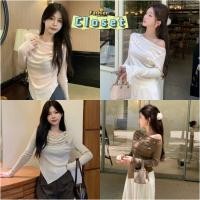 ราคา Cilset พร้อมในสต็อก เสื้อไหมพรมแขนยาวเปิดไหล่คาวาอี้ BK01 212 ปลายสามเหลี่ยม ดีเทลติดอกไม้ (26260371406)