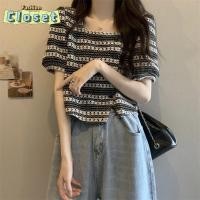 ราคา Cilset พร้อมส่ง ผู้หญิงเ เสื้อถัก ไหมพรมถักลายดอกไม้เล็กๆ แขนสั้น คอเหลี่ยม Y2609 C (26166975302)