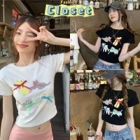 ราคา Closet เสื้อผ้าผู้หญิง เสื้อยืดแขนสั้น คอกลม มีฟองน้ำ เซ็กซี่แซ่บเวอร์ ดีเทลลายแมวหมาสีพื้น FY5029 J (26105777823)
