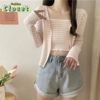 ราคา Cilset พร้อมส่ง ผู้หญิงเ เซ็ทเสื้อ สายเดี่ยวไหมพรมลายทาง เสื้อคลุมไหมพรมแขนยาวลายทางสีพาสเทล 9A86 (26016620917)