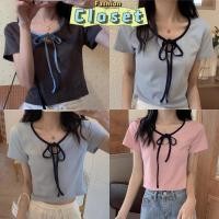 ราคา Closet เสื้อผ้าผู้หญิง เสื้อครอปไหมพรมแขนสั้น คอกลม แนวมินิมอล ดีเทลผูกโบว์ตรงคอ สีพาสเทล Z034 (24783212181)