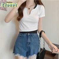 ราคา Cilset พร้อมในสต็อก ผู้หญิงเเสื้อครอปไหมพรมคอกลม แหวกด้านหน้าสีพื้นทรงเก๋ๆ 60106 (26464381261)