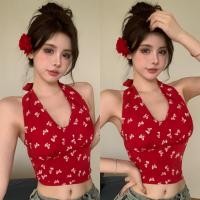 ราคา Cilset พร้อมส่ง เสื้อผูกคล้องคอ ดีเทลเว้า สีแดงสดใส ทรงรัดตัว วินเทจ ลายดอกไม้ เซ็กซี่ FY2706 (44450844144)