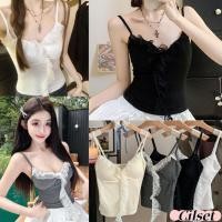 ราคา Cilset พร้อมส่ง เสื้อสายเดี่ยว คอวี เสื้อครอป แต่งขอบลูกไม้ มีฟองน้ำในตัว เซ็กซี่ สีพื้น ลูกไม้ FY1906 (44456715620)